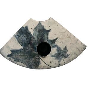 Maple Leaf Imprinted Flower Frog Floral Vase Glazed Ceramic Handmade Blue Cream